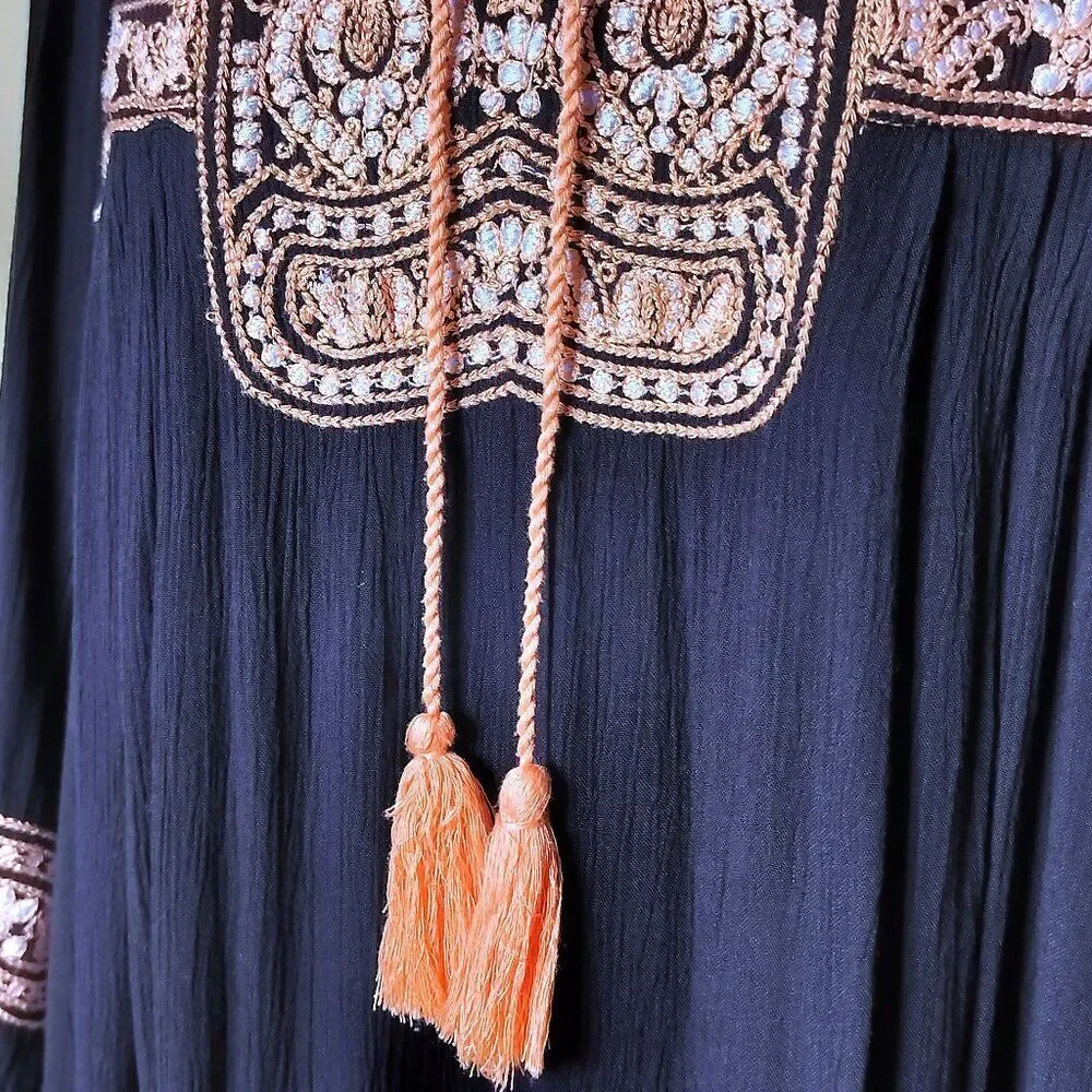 FREE PEOPLE Wind Willow Embroidered Boho Mini Dress V-neck Tassels Western Sz‎ M